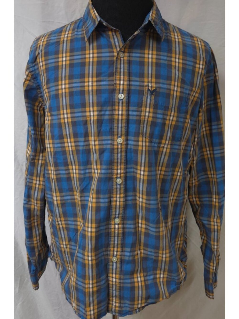 American Eagle AE Athletic Fit Plaid Blue Orange Long Sleeve Men's XL Shirt